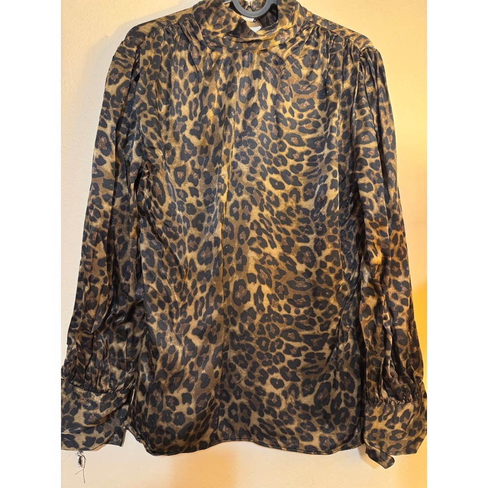 Zara Leopard Print High Neck Blouse Brown Satin Finish Long Sleeve XS